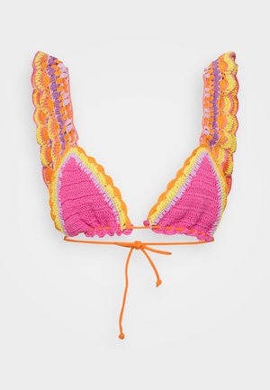 Gehaakte bikini top in levendige roze, oranje en gele kleuren. Golvende randen met verstelbare striksluiting. Gestructureerde stof.
