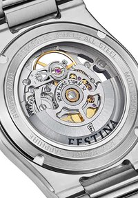 Fondo de reloj de acero inoxidable que muestra un intrincado movimiento con acentos dorados y morados, detalles grabados y protección de cristal de zafiro.