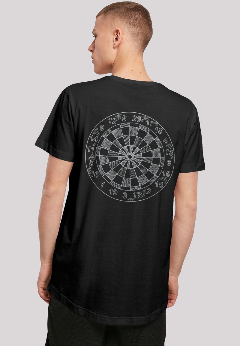 Black cotton t-shirt featuring a circular dartboard graphic on the back, with white lines representing numbers and sections.