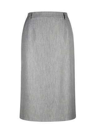 Falda de lápiz gris con un acabado texturizado, que cuenta con una cinturilla suave y detalles de costura sutiles. Largo hasta la rodilla con un corte recto.