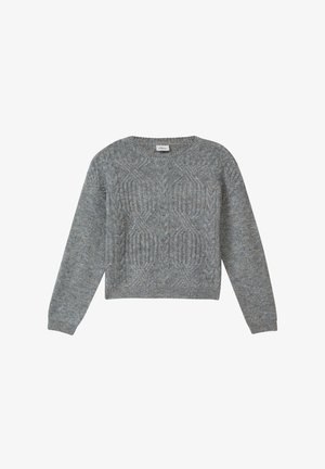 Grauer Strickpullover mit strukturiertem Muster, Rundhalsausschnitt, langen Ärmeln und gerippten Bündchen, der dezente Farbkleckse aufweist.