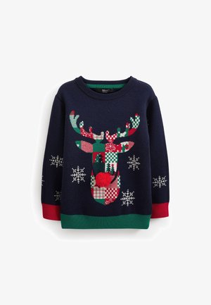 Pull de Noël bleu marine avec tête de renne en patchwork, nez à pompon rouge, flocons de neige blancs, poignets rouges et ceinture verte.