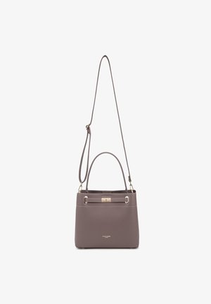 Graue Kunstleder-Handtasche mit einer strukturierten rechteckigen Form, zwei Griffen und einem abnehmbaren Schultergurt mit goldenen Hardware-Akzenten.