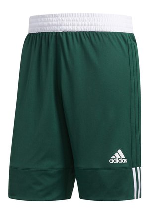 Pantaloni da atletica verdi realizzati in tessuto leggero, con una cintura elastica bianca, tre strisce bianche sui lati e il logo Adidas.