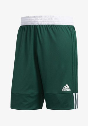Grüne Sportshorts aus leichtem Material mit einem weißen elastischen Bund, drei weißen Streifen an den Seiten und einem Adidas-Logo.