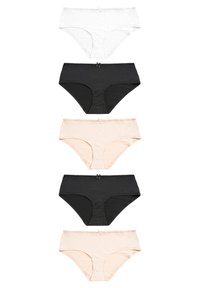 Cinque paia di mutande da donna: bianche, nere e rosa chiaro. Tutte presentano un design classico a slip, materiale morbido, con piccoli fiocchi sulla parte frontale.