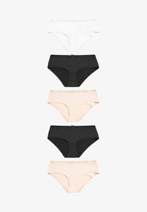 Öt pár női alsónemű: fehér, fekete, világos rózsaszín. Mind klasszikus rövidnadrág kialakítású, puha anyagból készült, elöl kicsi masnival díszítve.