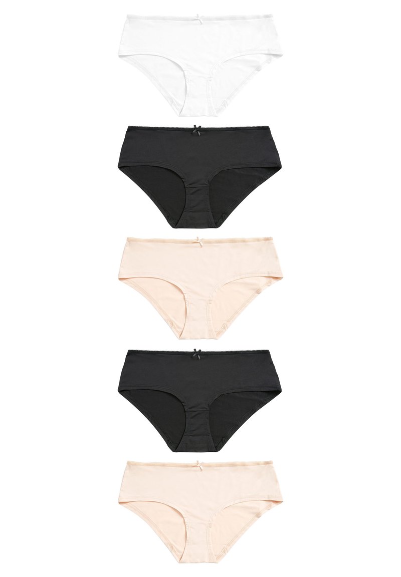 Cinque paia di mutande da donna: bianche, nere e rosa chiaro. Tutte presentano un design classico a slip, materiale morbido, con piccoli fiocchi sulla parte frontale.
