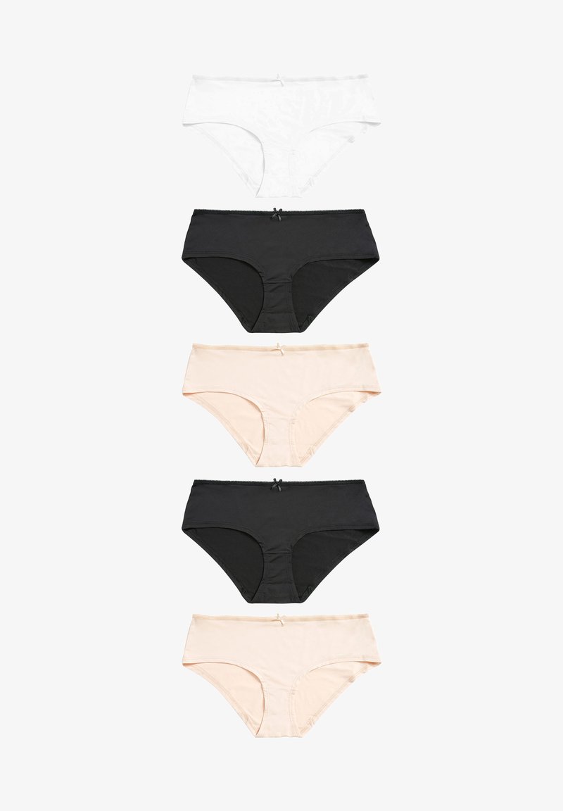Cinque paia di mutande da donna: bianche, nere e rosa chiaro. Tutte presentano un design classico a slip, materiale morbido, con piccoli fiocchi sulla parte frontale.