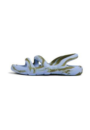 Sandal in light blue and green, made of flexible material with wavy cutouts and a textured surface, featuring a slip-on design.