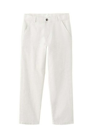 Pantalon en lin beige clair avec poches avant, passants pour ceinture et fermeture à boutons, présenté à plat sur fond blanc.