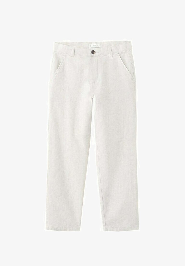 Světlé béžové lněné kalhoty s předními kapsami, poutky na pásek a zavíráním na knoflík, zobrazené na bílem pozadí.