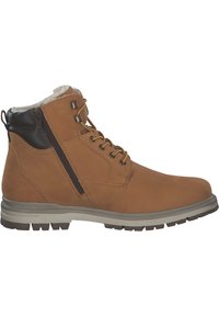 Botín de tobillo de cuero marrón claro con un acento de cuero negro, ojales de metal, cremallera lateral y suela de goma texturizada. Forrado con material suave.