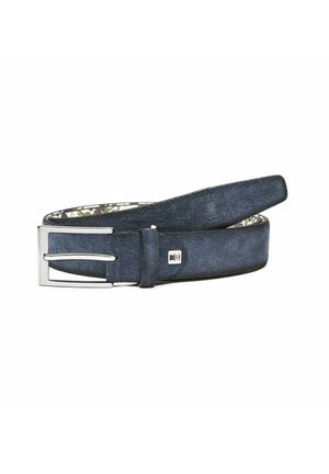 Navy blue suede belt with a silver metal buckle. Features a smooth texture and a patterned interior lining. Narrow width design.