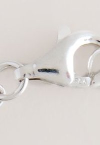 Silver lobster clasp attached to two small metal rings on a light background.