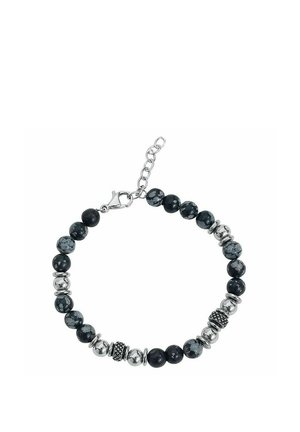 Bracelet with alternating black and silver beads, featuring textured silver accents and a lobster clasp with an adjustable chain.