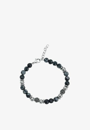 Armband mit abwechselnden schwarzen und silbernen Perlen, versehen mit strukturierten silbernen Akzenten und einem Karabinerverschluss mit verstellbarer Kette.