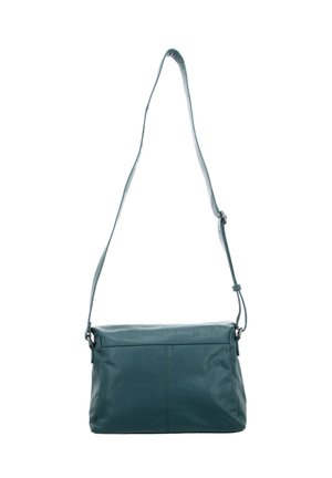 Tyrkiesfarbene Leder-Umhängetasche mit verstellbarem Riemen und vertikalem Nahtdetail auf der Vorderseite vor weißem Hintergrund.