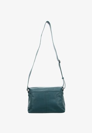 Tyrkiesfarbene Leder-Umhängetasche mit verstellbarem Riemen und vertikalem Nahtdetail auf der Vorderseite vor weißem Hintergrund.