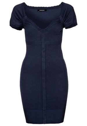 Navy-blaues gestricktes Kleid mit kurzen Puffärmeln, V-Ausschnitt, figurbetontem Schnitt und gerippten Details entlang des Oberteils und Saums.