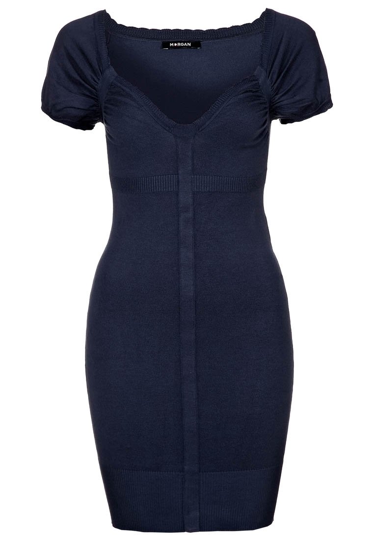 Robe en maille bleu marine avec des manches courtes à volants, un décolleté en V, une silhouette ajustée et des détails côtelés le long du buste et de l'ourlet.