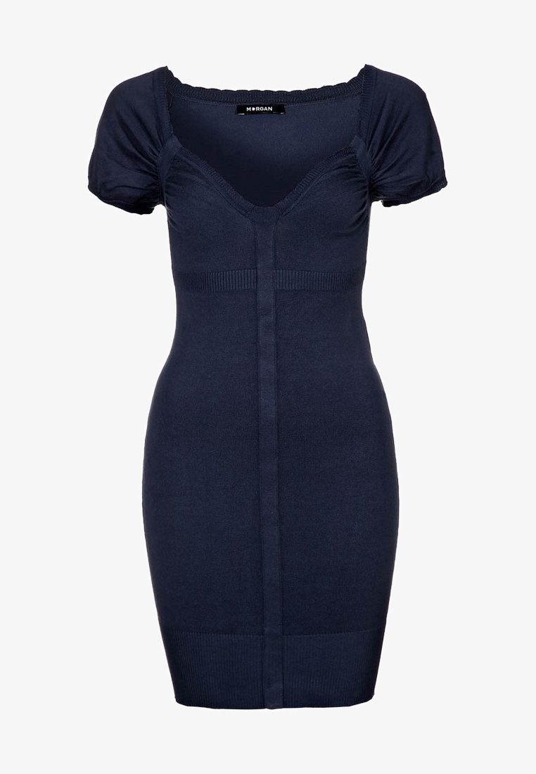 Robe en maille bleu marine avec des manches courtes à volants, un décolleté en V, une silhouette ajustée et des détails côtelés le long du buste et de l'ourlet.