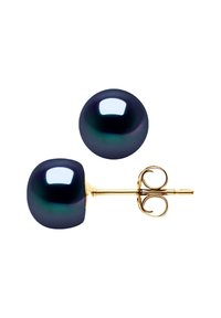 Boucles d'oreilles en or avec de grandes perles rondes sombres, dotées d'un éclat irisé et d'une texture lisse. Le fermoir présente un design en spirale.
