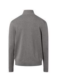 Gray knitted pullover with a high collar, long sleeves, ribbed cuffs, and hem. Smooth texture with a simple design, no patterns or embellishments.