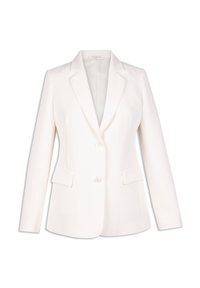 Blazer bianco su misura con revers a punta, chiusura a bottone singolo, due tasche frontali e vestibilità su misura. Texture liscia.