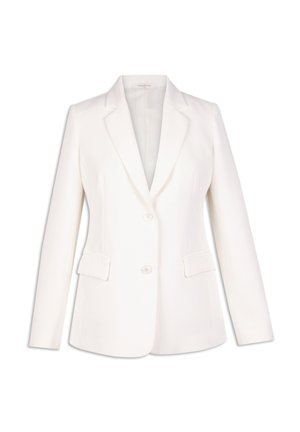 Blazer bianco su misura con revers a punta, chiusura a bottone singolo, due tasche frontali e vestibilità su misura. Texture liscia.