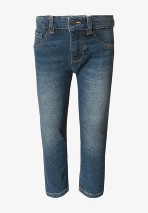 Jeans de mezclilla azul oscuro con un diseño de pierna recta, que cuentan con un cierre de botón clásico, cinco bolsillos y detalles de costura en contraste.