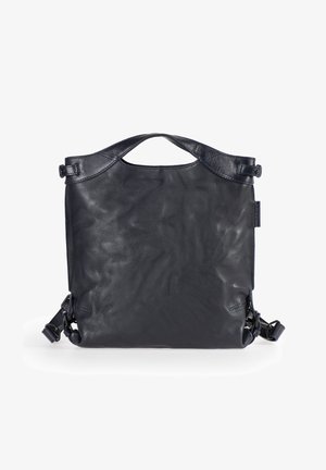 Dunkelblaue Leder-Tote mit strukturiertem Finish, Obergriff und verstellbarem Tragegurt; zeichnet sich durch ein minimalistisches Design und klare Linien aus.