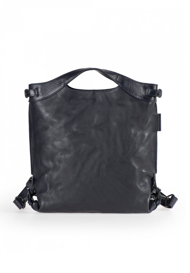 Donker marineblauwe leren tote bag met een gestructureerde afwerking, bovenhandgreep en verstelbare schouderband; kenmerkt zich door een minimalistisch ontwerp en strakke lijnen.