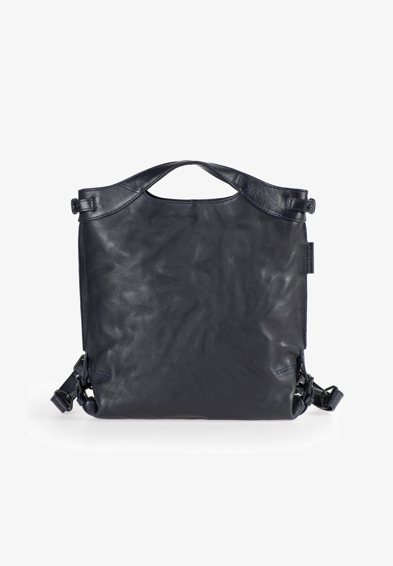 Donker marineblauwe leren tote bag met een gestructureerde afwerking, bovenhandgreep en verstelbare schouderband; kenmerkt zich door een minimalistisch ontwerp en strakke lijnen.