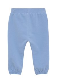 Blaue Baumwoll-Sweatpants mit einem elastischen Bund und gerafften Bündchen. Glatte Textur mit geradem Bein-Design. Keine sichtbaren Muster oder Akzente.