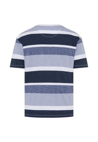 T-shirt à manches courtes avec larges rayures horizontales bleu marine, bleu clair et blanc, vu de dos.