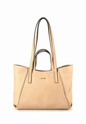 Beige Leder-Shopper mit zwei kurzen und zwei langen Griffen, schlichtem Design und kleinem goldfarbenem "PICARD"-Logo in der vorderen Mitte.