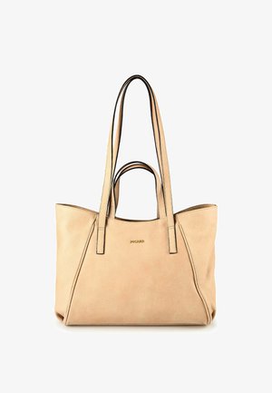 Beige Leder-Shopper mit zwei kurzen und zwei langen Griffen, schlichtem Design und kleinem goldfarbenem "PICARD"-Logo in der vorderen Mitte.