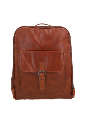 Bruine leren rugzak met een voorflap, sluiting met gesp en een rits aan de zijkant. Gladde textuur met subtiele kreuken en stiksels.