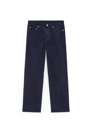 Marineblaue Cordhosen mit geradem Schnitt, ausgestattet mit fünf Taschen und silberfarbener Hardware, strukturierter Stoff mit vertikalen Streifen.