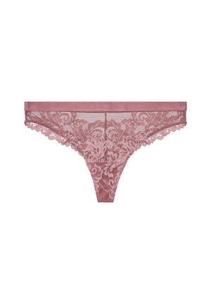 Lace thong in dusty rose with floral patterns. Features scalloped edges and a smooth waistband for comfort. Semi-sheer texture.