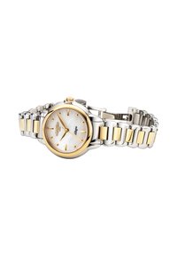 Reloj redondo con una esfera de nácar blanco, acentos dorados y una pulsera de acero inoxidable con eslabones en tono dorado.