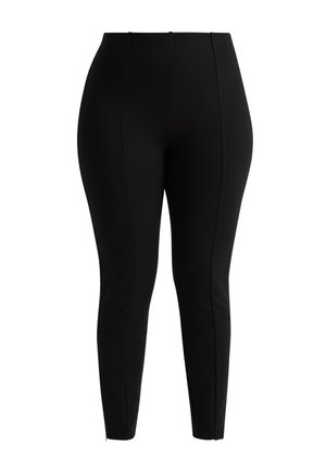 Zwarte, hoog getailleerde, nauwsluitende leggings met details van een naad aan de voorkant en een enkellengte, afgebeeld op een witte achtergrond.