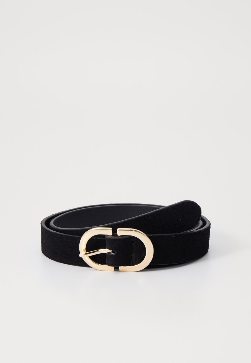 Black suede belt featuring a gold double-circle buckle and smooth texture. The strap is flat and approximately 3 cm wide.