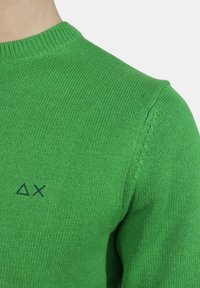 Maglione verde a maglia con scollatura rotonda, caratterizzato da un motivo testurizzato e un piccolo logo blu sul petto. Vestibilità classica, polsini a costine.