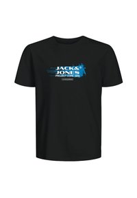Must pükstee T-särk mustal taustal, millel on sinise ja valge tooniga "JACK & JONES PROJECT CORE 1990" tekstidisain rinnaosale.