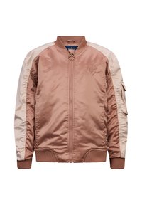 Roze satijnen bomberjack met schouderaccenten in lichtbeige, ritssluiting aan de voorkant, geribbelde manchetten en geborduurde details op de borst.