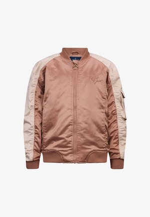 Rosa Satin-Bomberjacke mit Schulterakzenten in Hellbeige, Frontreißverschluss, Rippbündchen und bestickten Details auf der Brust.