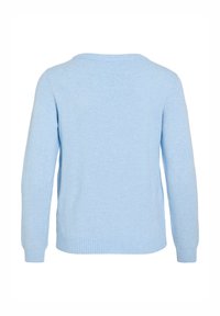 Pull tricoté à manches longues bleu clair vu de dos, avec un col rond et des poignets et ourlet côtelés.