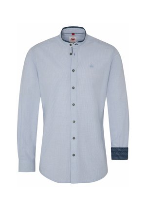 Camicia a maniche lunghe di colore azzurro chiaro con colletto a giro, caratterizzata da un polsino decorato, apertura con bottoni e una sottile texture a righe.